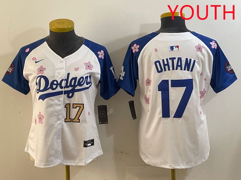 Youth Los Angeles Dodgers #17 Ohtani White Blue Sakura Edition 2025 Nike MLB Jersey style 6